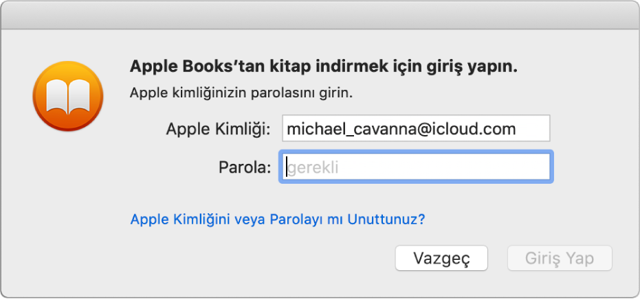 Apple kimliği ve parola kullanarak giriş yapma sorgu kutusu.