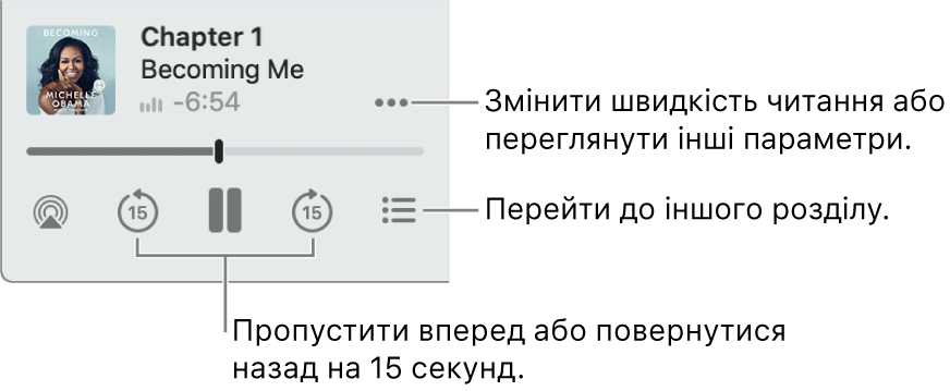 Програвач аудіокниг в програмі Книги, кнопка «Більше опцій»(справа вгорі), кнопка «Зміст» (справа внизу) і кнопки «Пропуск вперед» і «пропуск назад» (зліва і справа нижче).