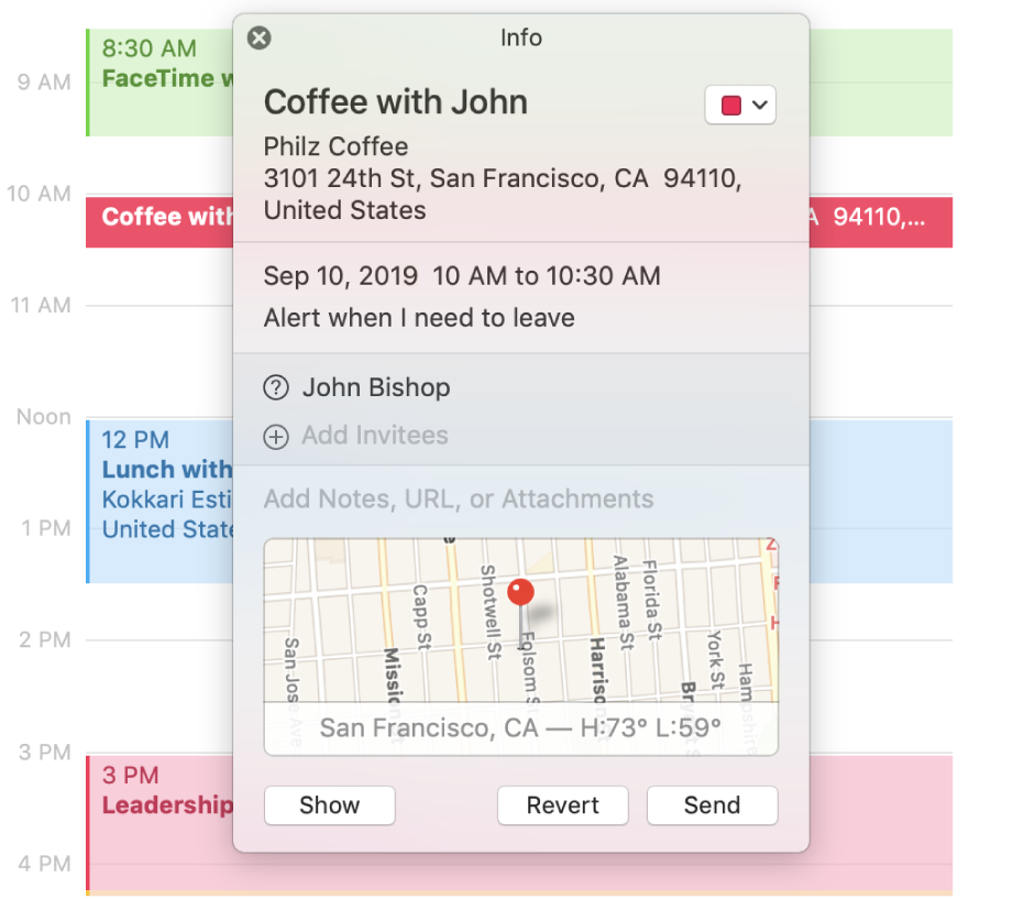 The info window for an event.