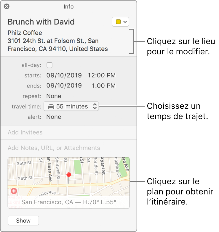Fenêtre d’informations d’un événement, avec le pointeur sur le menu local Temps de trajet Choisissez une durée de trajet dans le menu local. Cliquez sur le lieu pour le modifier. Cliquez sur le plan pour obtenir l’itinéraire