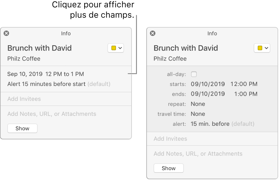 Fenêtre d’informations d’un événement avec les détails masqués (à gauche), puis la même fenêtre d’informations avec les détails relatifs à la durée affichés (à droite).
