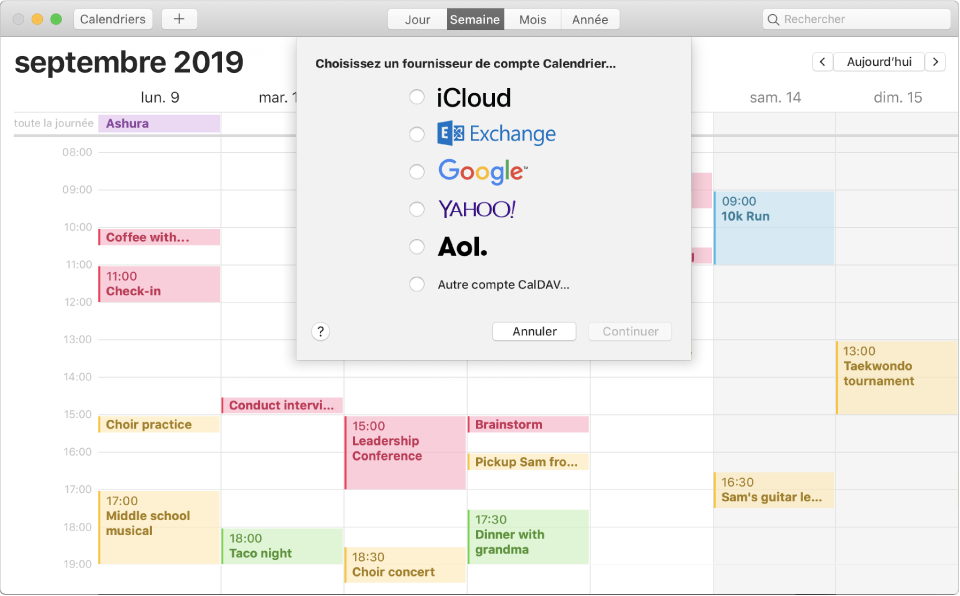 Une fenêtre Calendrier affichant la sous-fenêtre Ajouter un compte.