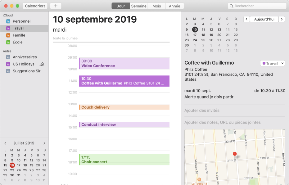 Une fenêtre de Calendrier en présentation par jour affichant dans la barre latérale des calendriers personnels, professionnels, familiaux et scolaires auxquels est appliqué un code couleur sous l’en-tête du compte iCloud.