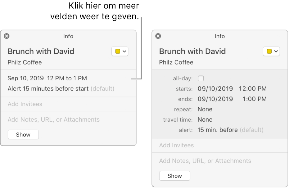 De afbeelding links is een niet-uitgevouwen infovenster voor een activiteit. Rechts is het infovenster voor dezelfde activiteit uitgevouwen en geeft extra velden weer, zoals begin- en eindtijd, herhaling en reistijd.