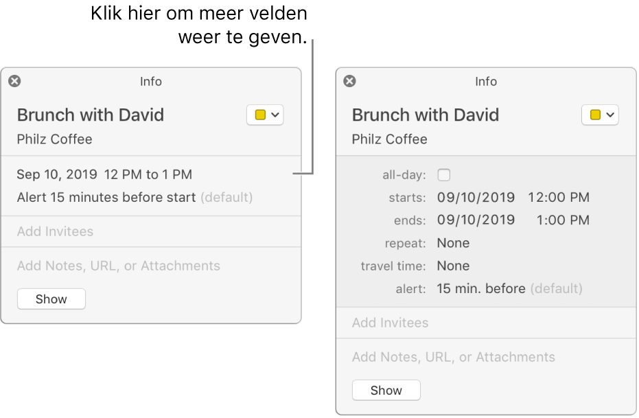 Infovenster voor activiteit waarvan details zijn verborgen (links), en infovenster voor dezelfde activiteit waarvan duurgegevens worden weergegeven (rechts).