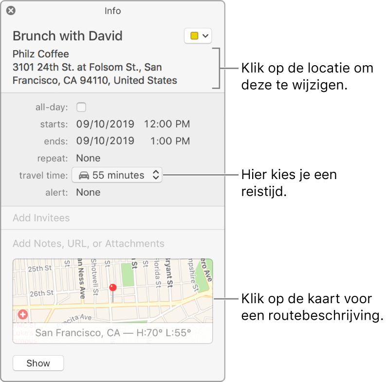 Infovenster voor een activiteit, met de aanwijzer op het venstermenu 'Reistijd'. Kies een reistijd uit het venstermenu. Klik op de locatie om deze te wijzigen. Klik op de kaart voor een routebeschrijving