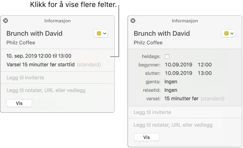 Bildet til venstre viser et Info-vindu for en hendelse som ikke er utvidet. Til høyre er Info-vinduet for samme hendelse utvidet og viser ytterligere felt for starter, slutter, gjenta og reisetid.