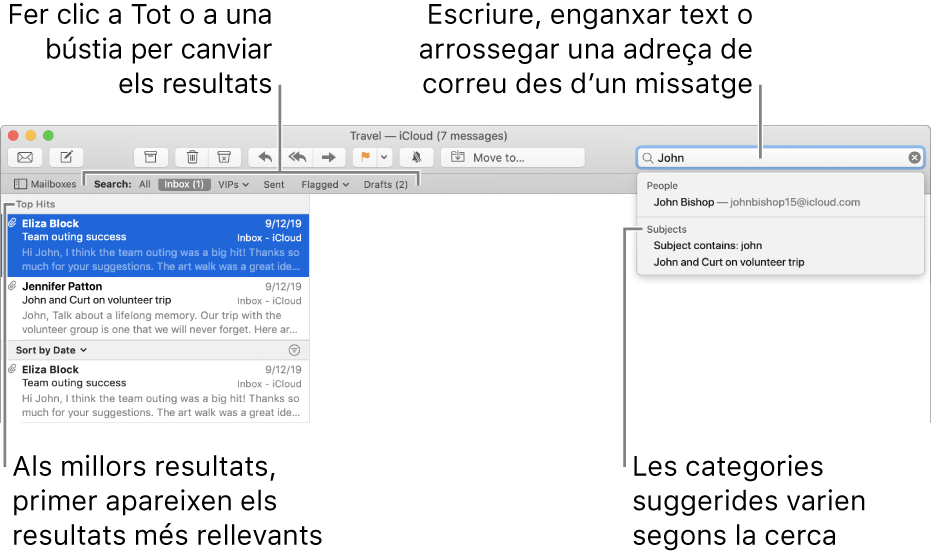La bústia on es fa la cerca es ressalta a la barra de cerca. Per buscar en una altra bústia, fes clic al seu nom. Pots escriure o enganxar text al camp de cerca, o arrossegar una adreça de correu des d’un missatge. Mentre escrius, els suggeriments apareixen sota el camp de cerca. S’organitzen en categories, com ara Tema o Adjunts, en funció del text de la cerca. “Millors resultats” posa els resultats més rellevants primer.