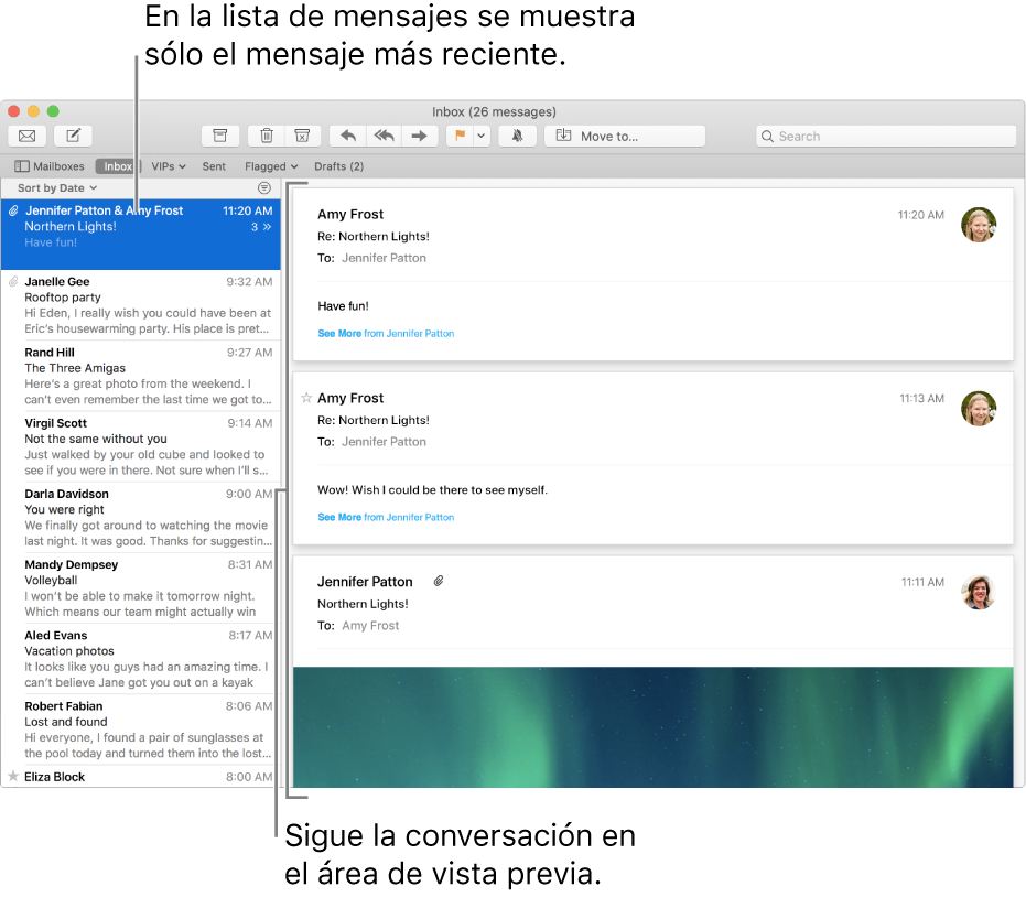 De este modo, en la lista de mensajes solamente se muestra el mensaje más reciente de cada conversación. Un número sobre el mensaje indica cuántos mensajes de la conversación hay en el buzón actual. Sigue la conversación en el área de vista previa.