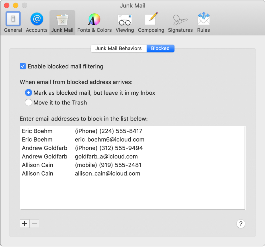 La sous-fenêtre des préférences Bloqués affichant une liste des expéditeurs bloqués. La case d’activation du filtrage des e-mails bloqués est cochée, de même que l’option pour marquer les e-mails bloqués tout en les laissant dans la boîte de réception à l’arrivée.