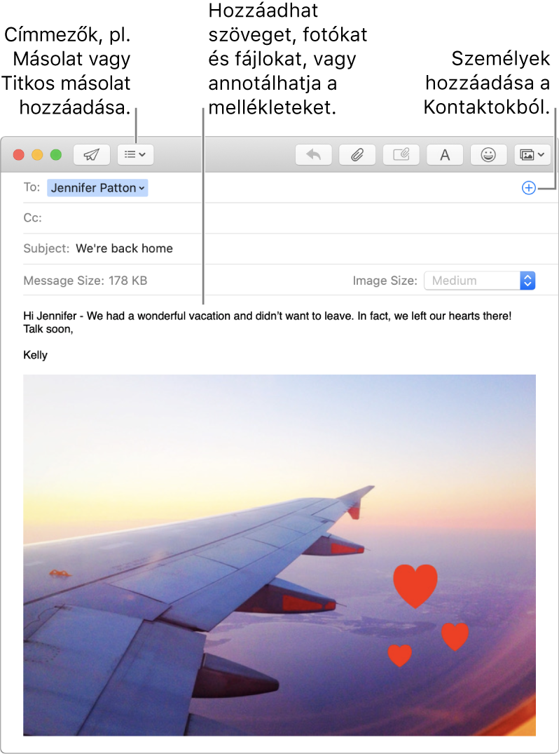 Egy új üzenetablak jelzi, amelyen látható a Fejlécmezők gomb, a Hozzáadás gomb egy címmezőben, amellyel a Kontaktokból adhat hozzá személyeket, valamint egy jelöléssel ellátott kép az üzenettörzsben.