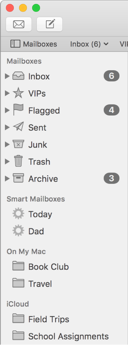 Bar samping Mail menampilkan kotak mail standar (seperti Inbox dan Draf) di bagian atas bar samping dan kotak mail yang Anda buat di bagian Di Mac Saya dan iCloud.