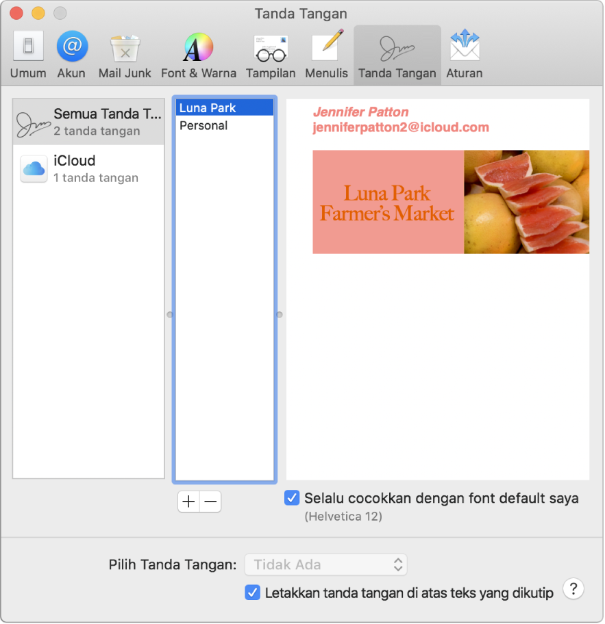 Panel preferensi Tanda Tangan Mail menampilkan tanda tangan yang berisi teks terformat dan gambar.
