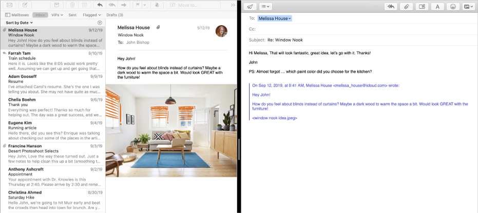 メッセージリストと作成ウインドウがSplit Viewで並んで表示されています。