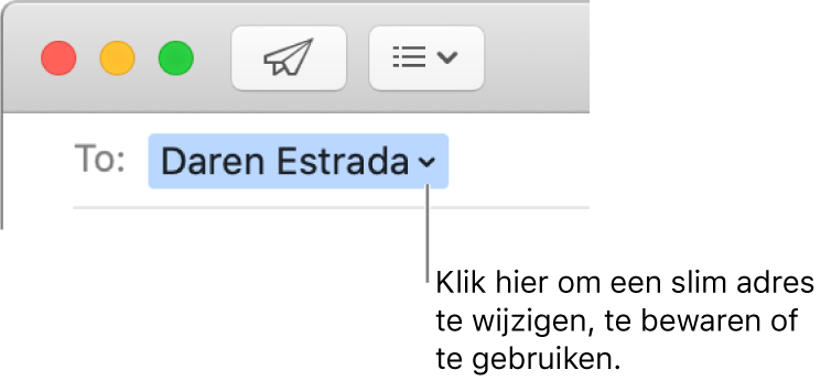 Een slim adres met de pijl waarop je kunt klikken om een slim adres te wijzigen, te bewaren of te gebruiken.