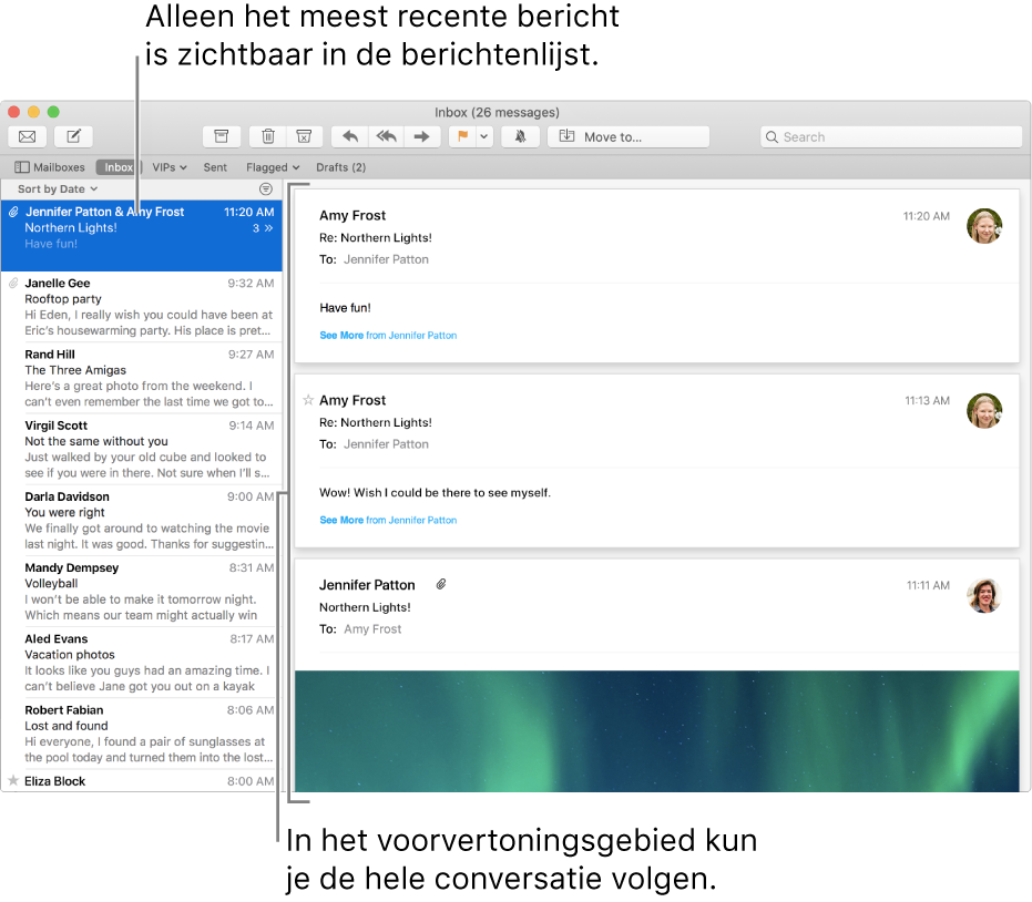 Alleen het meest recente bericht in het gesprek is zichtbaar in de berichtenlijst. Een getal in het bovenste bericht geeft aan hoeveel berichten van het gesprek in de huidige postbus staan. Volg het gesprek in het voorvertoningsgebied.