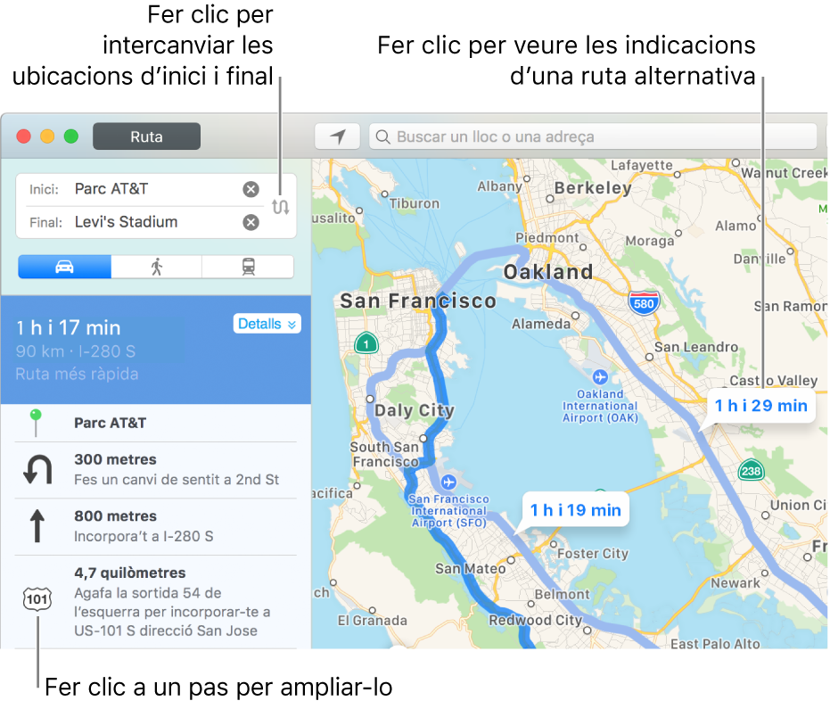 Fer clic en un pas de la barra lateral d’indicacions, a l’esquerra, per ampliar-lo, o bé fer clic en una ruta alternativa del mapa, a la dreta.