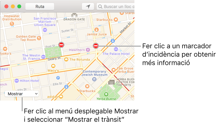 Fer clic al menú desplegable Mostrar i seleccionar “Mostrar el trànsit” per veure l’estat actual de les carreteres.
