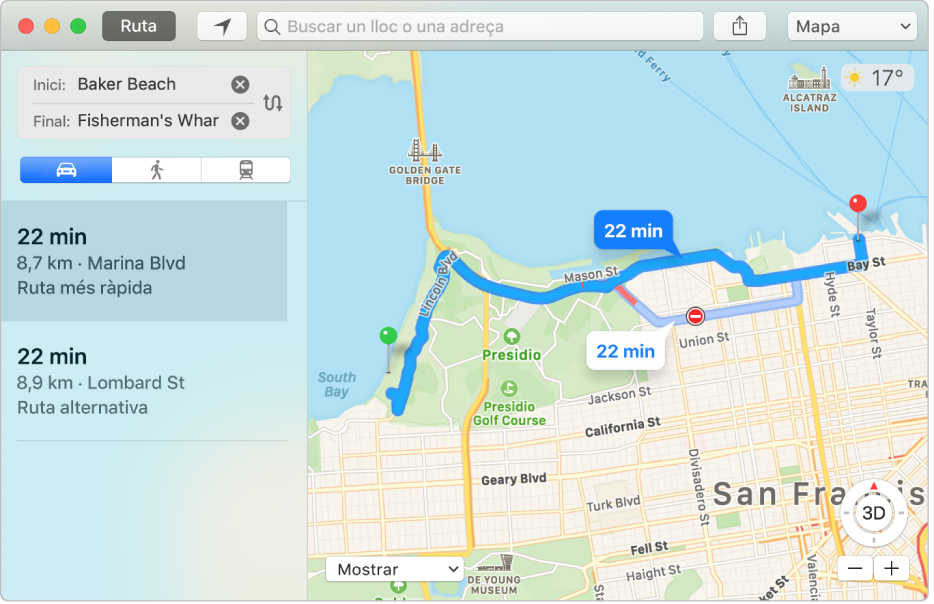 Finestra de l’app Mapes que mostra una ruta fins a una destinació.