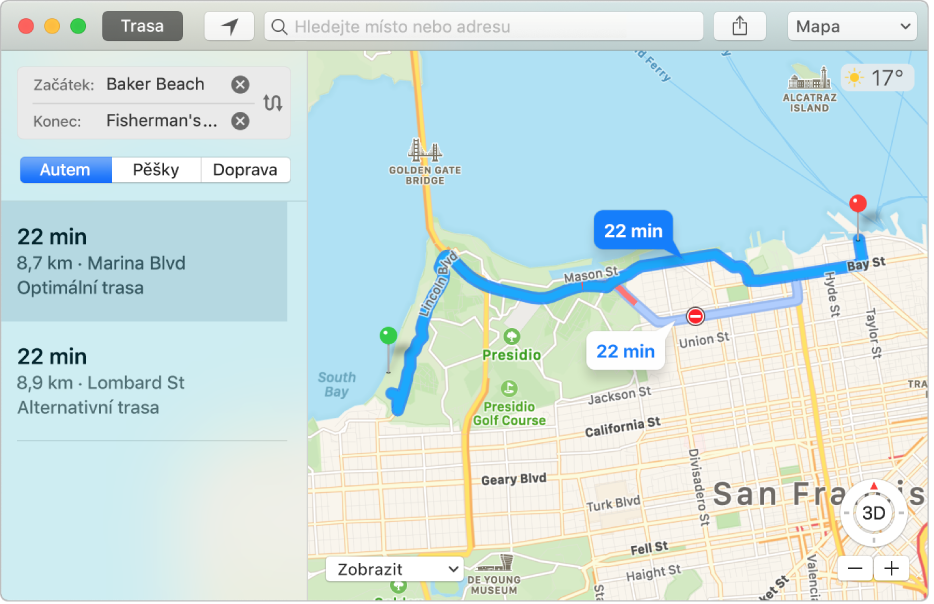Okno aplikace Mapy se zobrazenou trasou do určitého cílového místa
