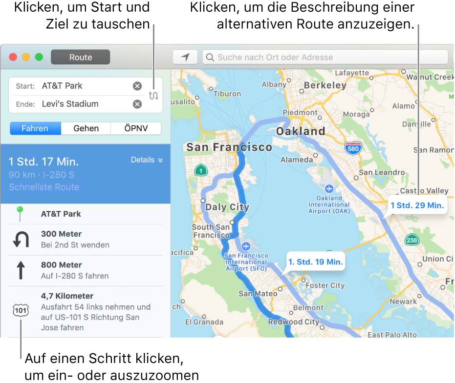 Klicke links in der Routenseitenleiste auf einen Abschnitt, um ihn zu vergrößern, oder klicke auf eine alternative Route in der Karte rechts.