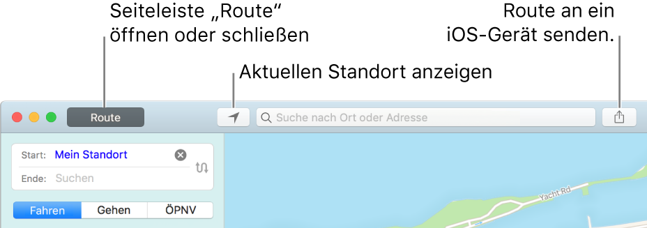 Im Fenster „Karten“ werden in der Symbolleiste die Tasten „Routen“, „Aktuelle Position“ und „Teilen“ angezeigt.