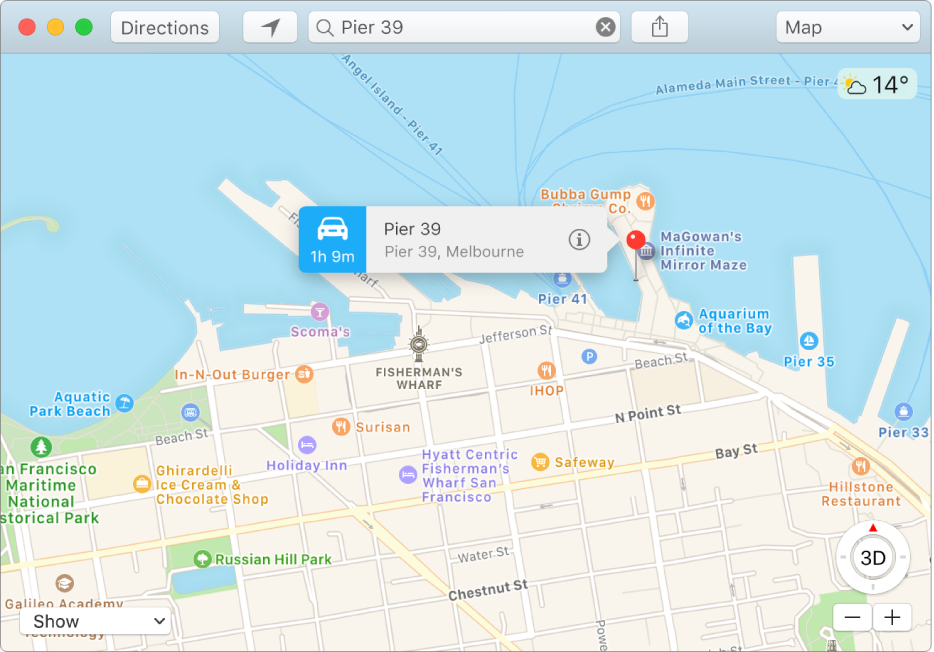 The Info window for a pin on the map showing the location’s address and the estimated travel time from your location.