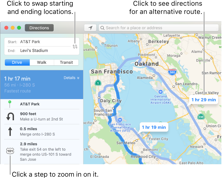 Click a step in the directions sidebar on the left to zoom in, or click an alternative route in the map on the right.