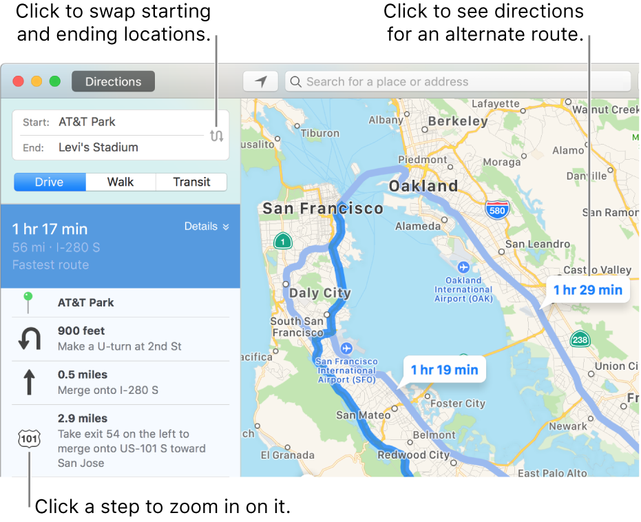 Click a step in the directions sidebar on the left to zoom in, or click an alternate route in the map on the right.
