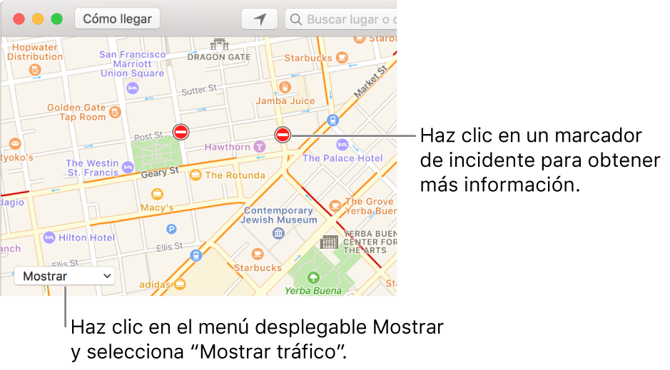 Haz clic en el menú desplegable Mostrar y selecciona "Mostrar tráfico" para ver las condiciones actuales del tráfico.