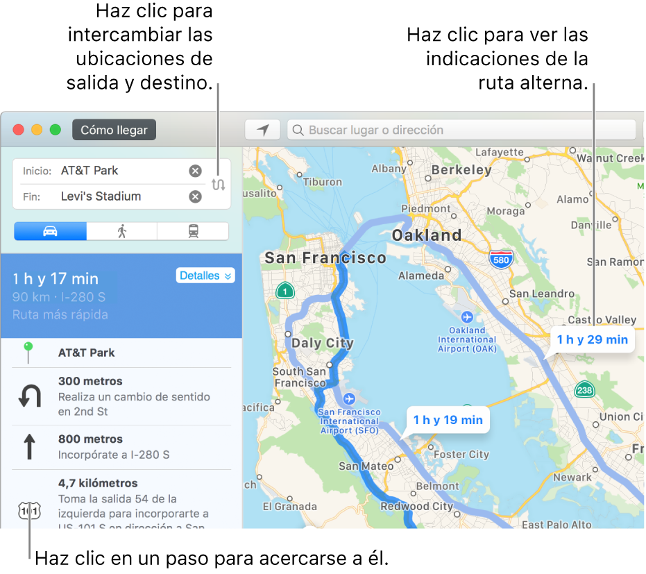 Haz clic en un paso en la barra lateral de las rutas a la izquierda para acercarte o en una ruta alternativa en el mapa de la derecha.