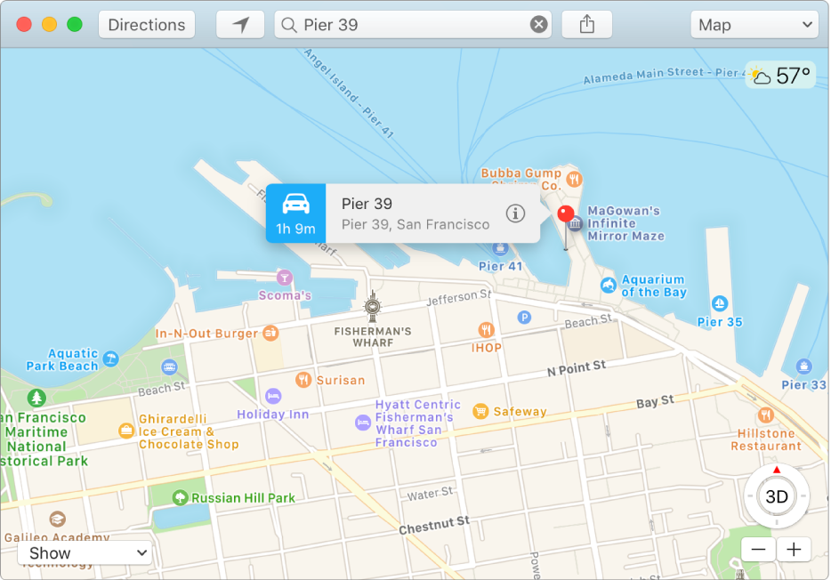 Fenêtre d’informations pour un repère sur le plan affichant l’adresse du lieu et le temps de trajet estimé à partir de votre position.