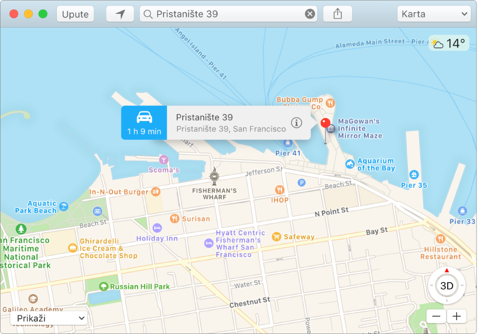 Prozor Informacije za pribadaču na karti koja prikazuje adresu lokacije i procijenjeno vrijeme putovanja s vaše lokacije.