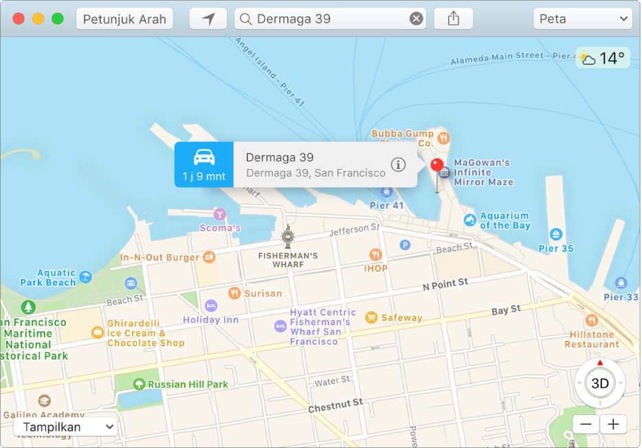 Jendela Info untuk pin di peta yang menampilkan alamat lokasi dan perkiraan waktu perjalanan dari lokasi Anda.