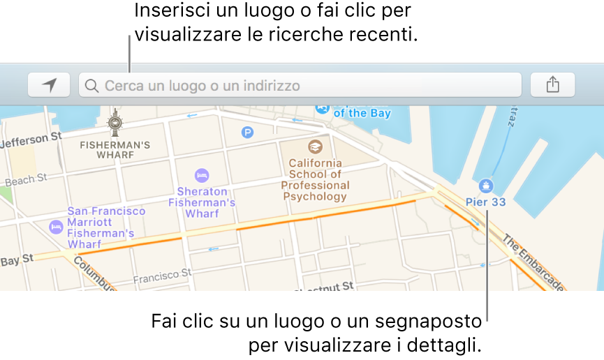 Inserisci una posizione nel campo di ricerca oppure fai clic su di esso per visualizzare le ricerche più recenti. Fai clic su un punto di riferimento o un segnaposto per visualizzare i dettagli.
