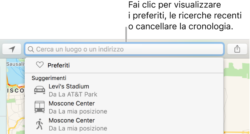 Fai clic sul campo di ricerca per vedere i preferiti, le ricerche recenti o cancellare la cronologia.