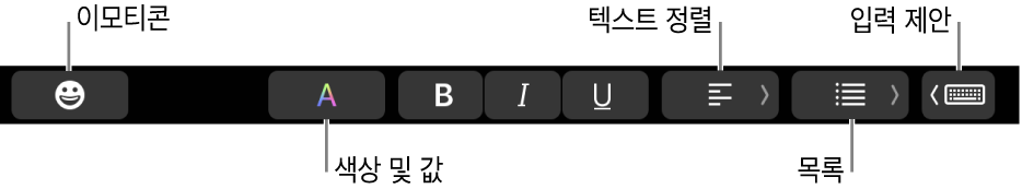 왼쪽에서 오른쪽으로 이모티콘, 색상, 볼드체, 이탤릭체, 밑줄, 정렬, 목록 및 입력 제안 기능의 Mail 앱 버튼이 있는 Touch Bar.