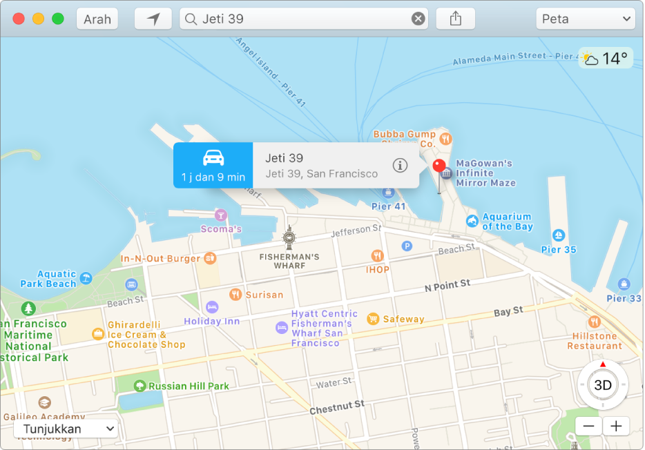 Tetingkap Info untuk pin pada peta menunjukkan alamat lokasi dan anggaran masa perjalanan dari lokasi anda.