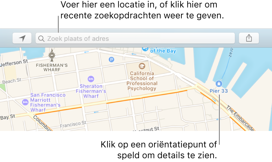 Typ een locatie in het zoekveld of klik op het veld om recente zoekacties te tonen. Klik op een oriëntatiepunt of speld om details te bekijken.