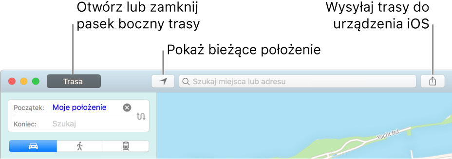 Okno aplikacji Mapy z trasą oraz przyciskami bieżącego położenia i udostępniania na pasku narzędzi.
