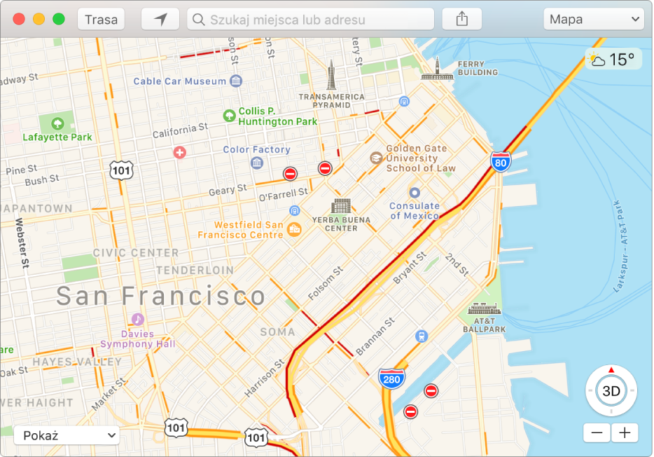 Okno aplikacji Mapy pokazujące dane o ruchu drogowym przy użyciu ikon na mapie.