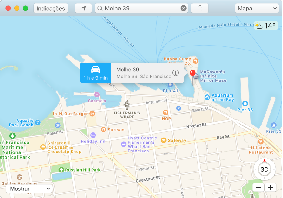 A janela Informação de um alfinete no mapa a mostrar o endereço do local e o tempo de viagem estimado a partir da localização atual.