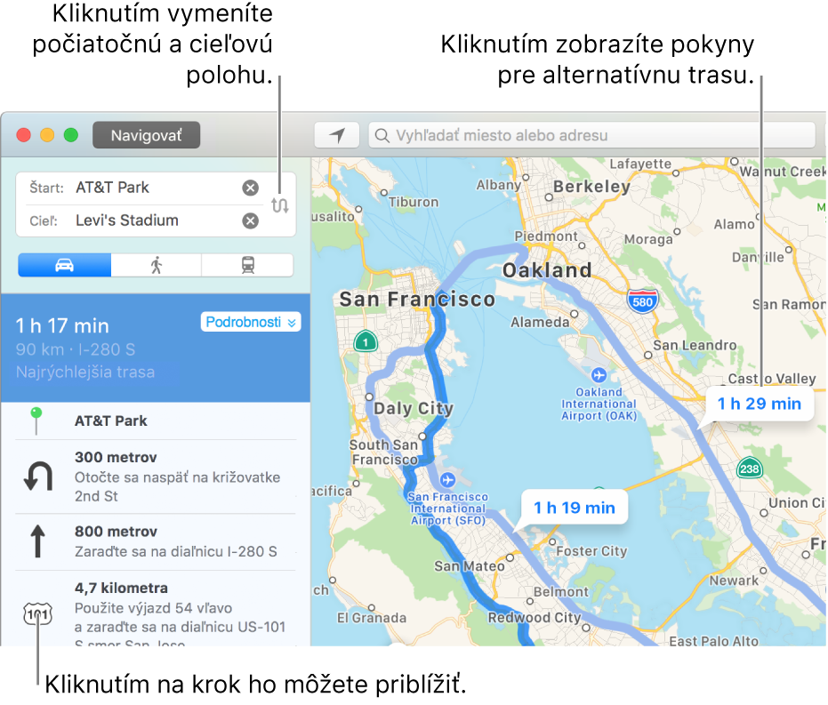 Priblíženie kliknutím na krok v navigačných pokynoch v postrannom paneli naľavo alebo kliknutie na alternatívnu trasu na mape vpravo.