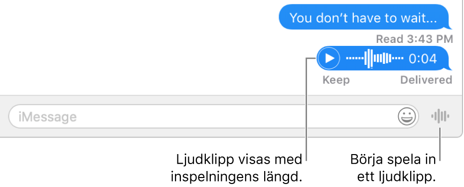 En konversation i fönstret Meddelanden med knappen Skicka röstmeddelande bredvid textfältet längst ned i fönstret.