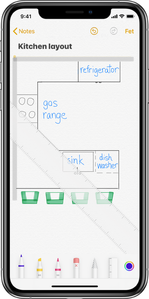 Un esbós a l’iPhone, amb un esquema d’una cuina dibuixat i etiquetat.