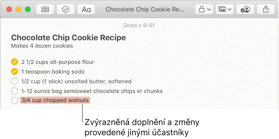 Poznámka s receptem na čokoládové sušenky. Pasáže přidané jiným účastníkem jsou zvýrazněny červeně.