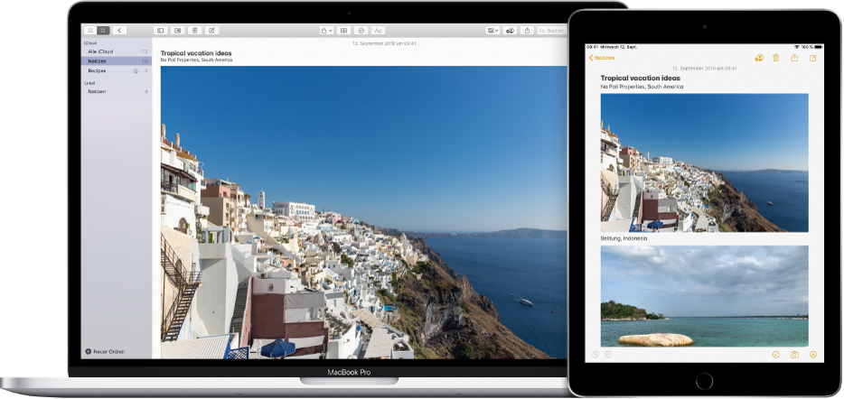 Ein Mac und ein iPad mit der Anzeige derselben Notiz aus iCloud.