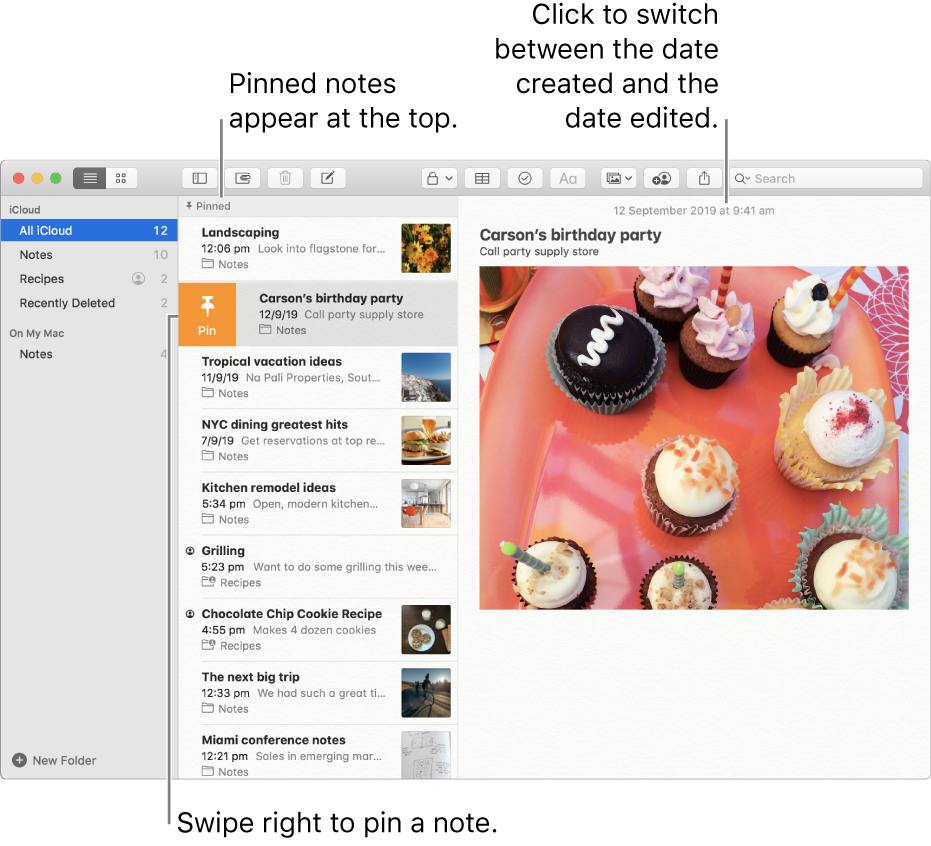 The Notes window with the list of notes in the middle, pinned notes at the top of the notes list and the Pin button on one note. The content of that note appears on the right with the date at the top; click the date to switch between the date created and the date edited.