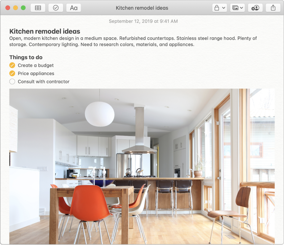 A note that includes a description of kitchen remodel ideas, a checklist of things to do and a photo of a kitchen.