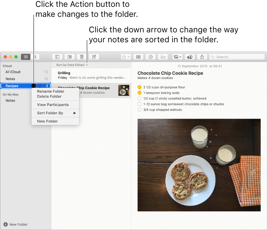 The Notes window with one folder in the sidebar showing the More button where you can make changes to a folder. Above the list of notes in the middle is the sort option, which changes the order of the notes — click the down arrow to select a different sort order.